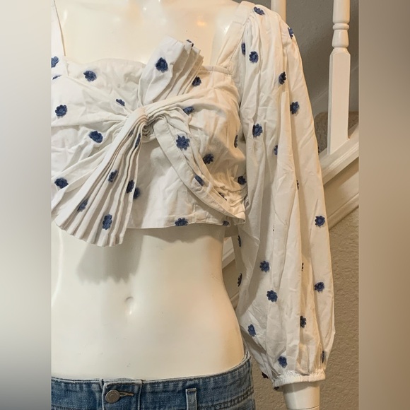 Farm Rio 100%Cotton Boohoo White and Blue Floral Long Sleeves Women's Top S M - Picture 3 of 14